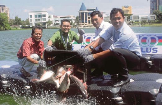 Timbalan Pengarah Jabatan Kebudayaan, Kesenian, Pelancongan & Sukan (DBKL), Noor Azman  Mahlin  (tiga dari kiri) dan Pengurus Tajaan dan Sukan 100 Plus, Muhamad Fauzi Ahmad (kanan) melepaskan  ikan patin ke Taman Tasik Ampang Hilir.