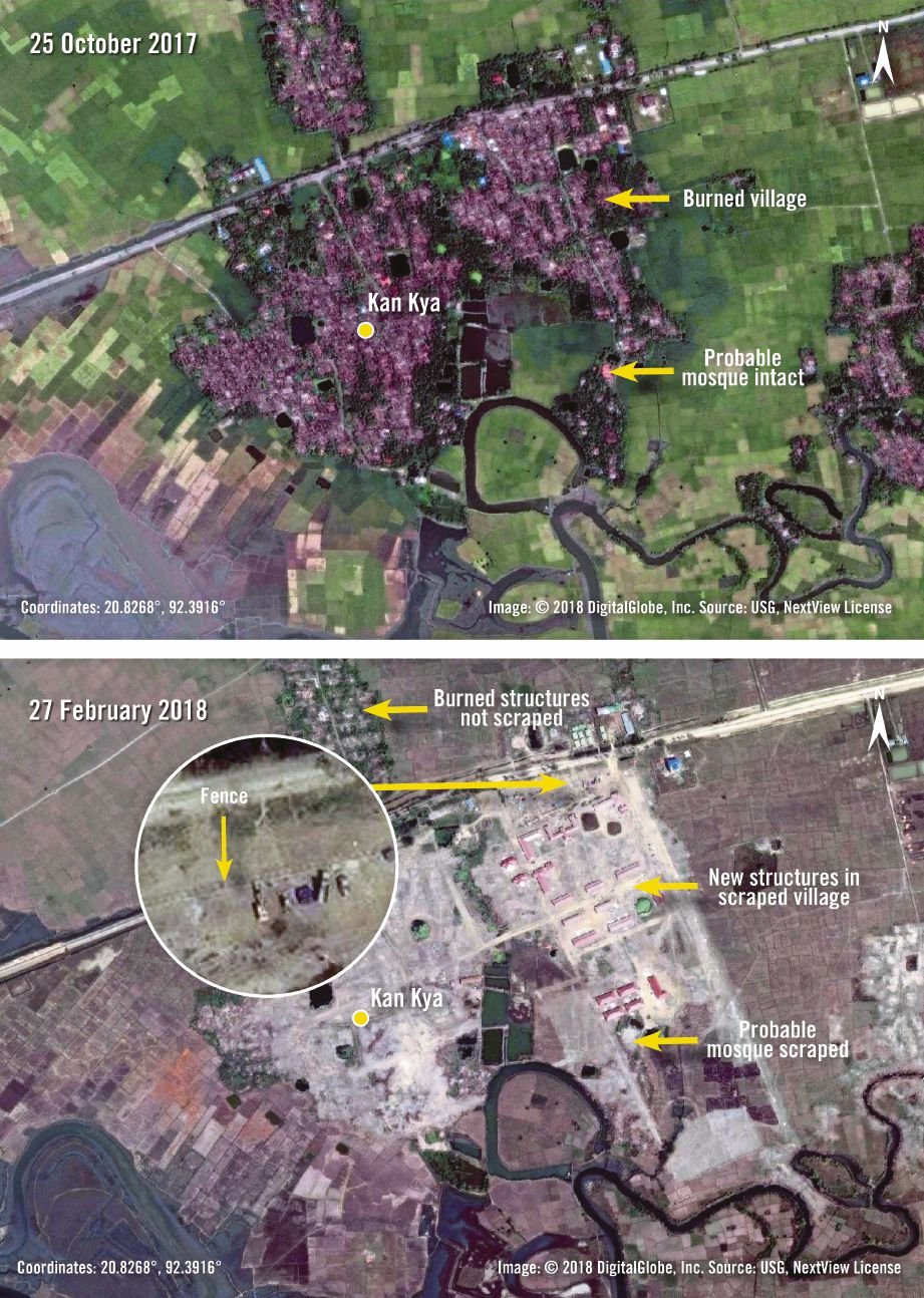 KOMBINASI gambar menunjukkan imej satelit kampung Kan Kya di Rakhine dirakam pada 25 Oktober 2017 (atas) dan pada 27 Februari 2018 (bawah) yang menunjukkan bangunan serta pagar yang baru dibina. - AFP