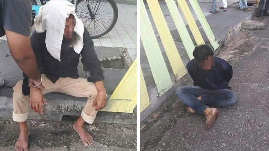 MANGSA cedera ditetak (kiri) dan suspek yang ditangkap orang ramai (kanan). FOTO Facebook/Malaysian Response Team II