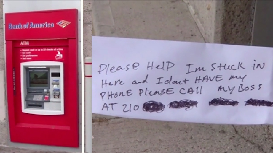 NOTA meminta tolong dikeluarkan dari mesin ATM selepas pekerja terperangkap. FOTO petikan video Fox News