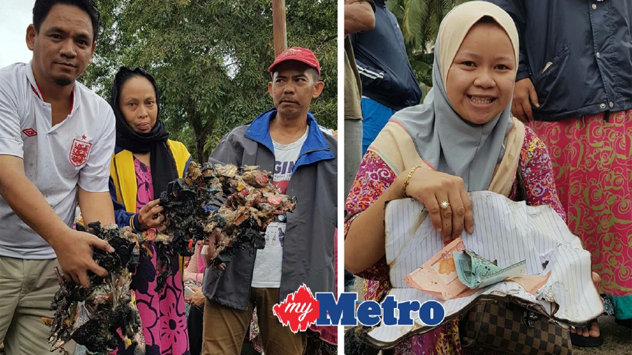 (Gambar kiri) YUSRAN (bertopi merah) bersama ahli keluarganya menunjukkan barangan kraftangan dan cenderamata di gerainya yang musnah manakala peniaga, Nursiah Lama, 32, (kanan) menunjukkan wang jualan gerai miliknya yang sempat diselamatkan. FOTO Abdul Rahemang Taiming