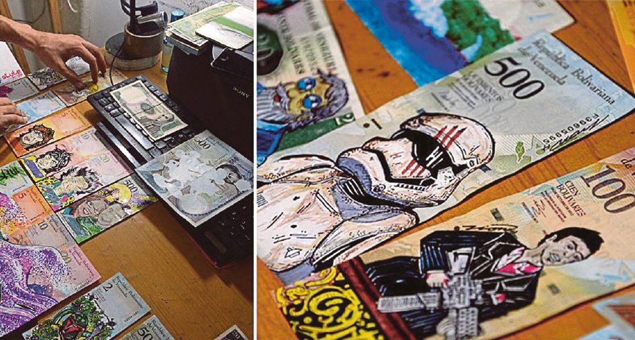 LUKISAN pada wang kertas Venezuela untuk dijual sebagai hasil seni oleh artis. - AFP