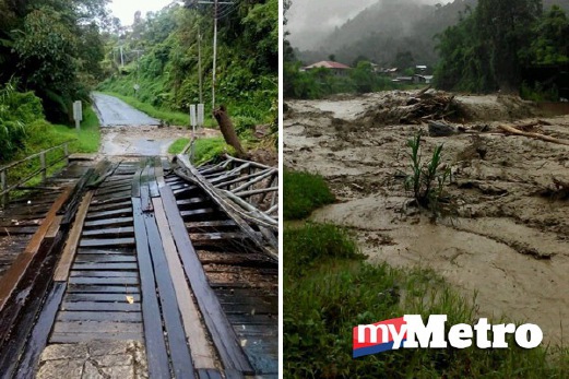 HUJAN lebat menyebabkan berlaku banjir lumpur sehingga jambatan utama bagi kenderaan terputus hubungan.
