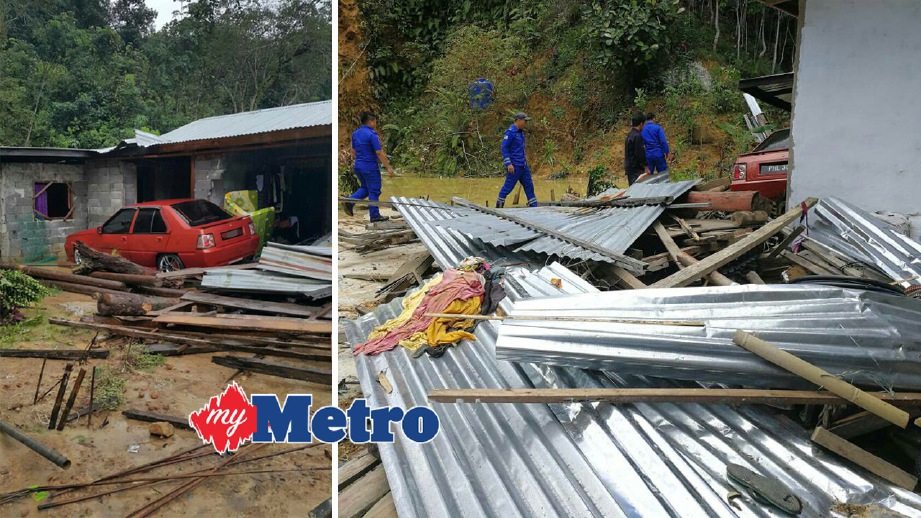ANGGOT APM dan pegawai Jabatan Kebajikan Masyarakat memeriksa keadaan rumah Jimlee yang terjejas akibat tanah runtuh. FOTO Rafiqah Dahali