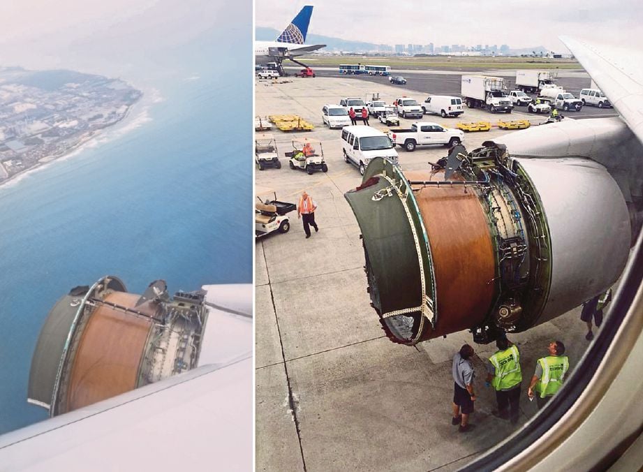 ENJIN pesawat Boeing 777-222 milik United Airlines yang tertanggal ketika dalam penerbangan ke Honolulu, Hawaii. - Foto Twiiter (Maria Falaschi‏)/Agensi