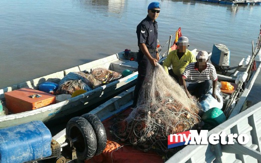 DUA daripada empat nelayan yang ditahan kerana menangkap ikan tanpa permit. FOTO ihsan PPM