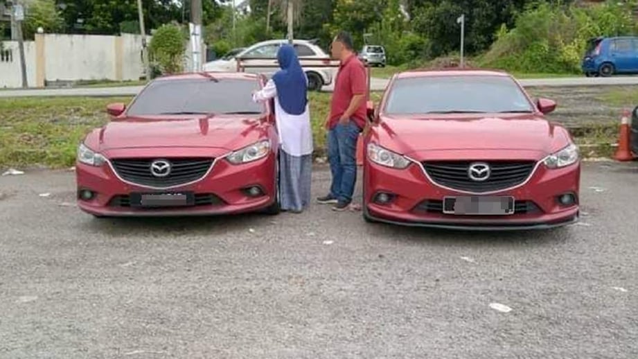 DUA Mazda 6 dengan nombor pendaftaran sama tetapi satu daripadanya disahkan kenderaan curi. Gambar ihsan pembaca