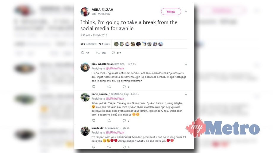 MIRA umumkan mahu berundur dari media sosial untuk seketika di Twitter.