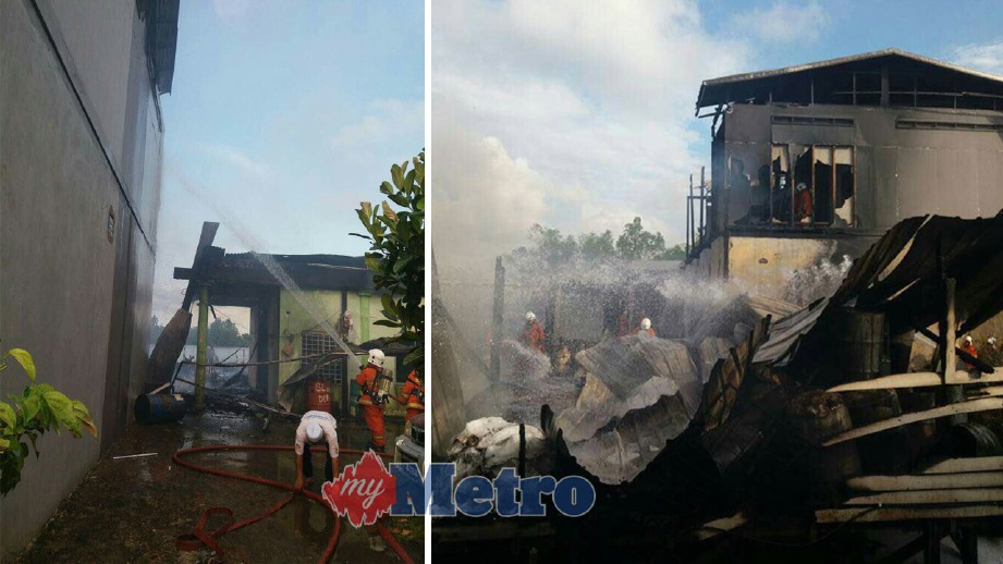 ANGGOTA bomba memadamkan kebakaran di pusat pendaratan ikan di Kampung Haji Ismail, Kuala Tatau. FOTO ihsan Bomba