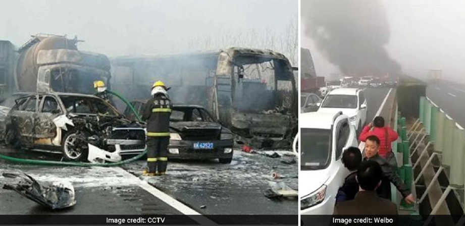 Gambar amatur dirakam orang ramai menunjukkan keadaan kemalangan menyebabkan 18 maut membabitkan 30 kenderaan di  Anhui, China. 