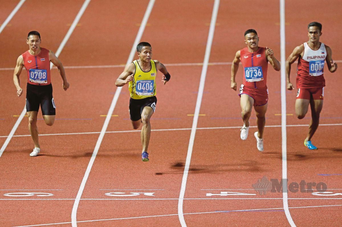 Atlet pecut negara, Muhammad Haiqal Hanafi meraih pingat emas dalam acara 100 meter lelaki di Sukan Sea ke-30 Filipina.