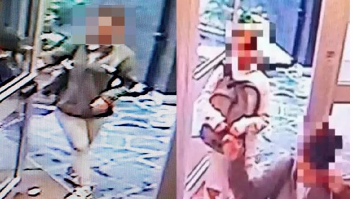 GAMBAR daripada rakaman CCTV yang menunjukkan suspek keluar bersama mangsa (baju putih bersama bag galas).