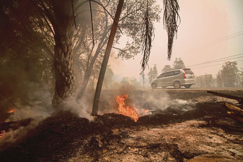 GAMBAR yang diambil pada 16 September 2019 menunjukkan kebakaran di seberang jalan di Palangkaraya. FOTO AFP