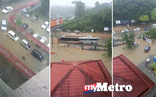 PERKARANGAN Hospital Umum Sarawak antara kawasan di Kuching yang dilanda banjir kilat. FOTO ihsan pembaca