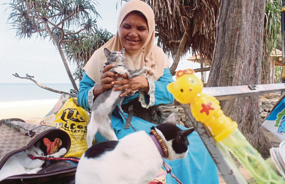 SITI Endon menjual patung mainan di Teluk Chempedak sambil ditemani kucing.