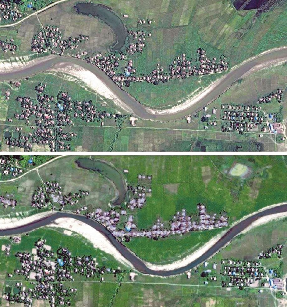 IMEJ satelit empat kampung di Maungdaw dirakam pada 25 November (atas) dan keadaan kampung itu yang musnah dirakam pada 2 Disember lalu (bawah). - Agensi