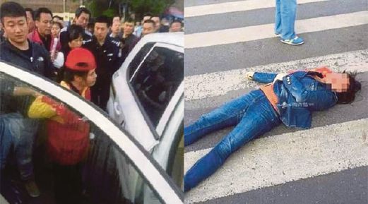 GAMBAR kiri menunjukkan pembantu trafik  (bertopi merah) ditahan polis sementara gambar kanan, keadaan wanita yang diserang dengan tukul besi.   