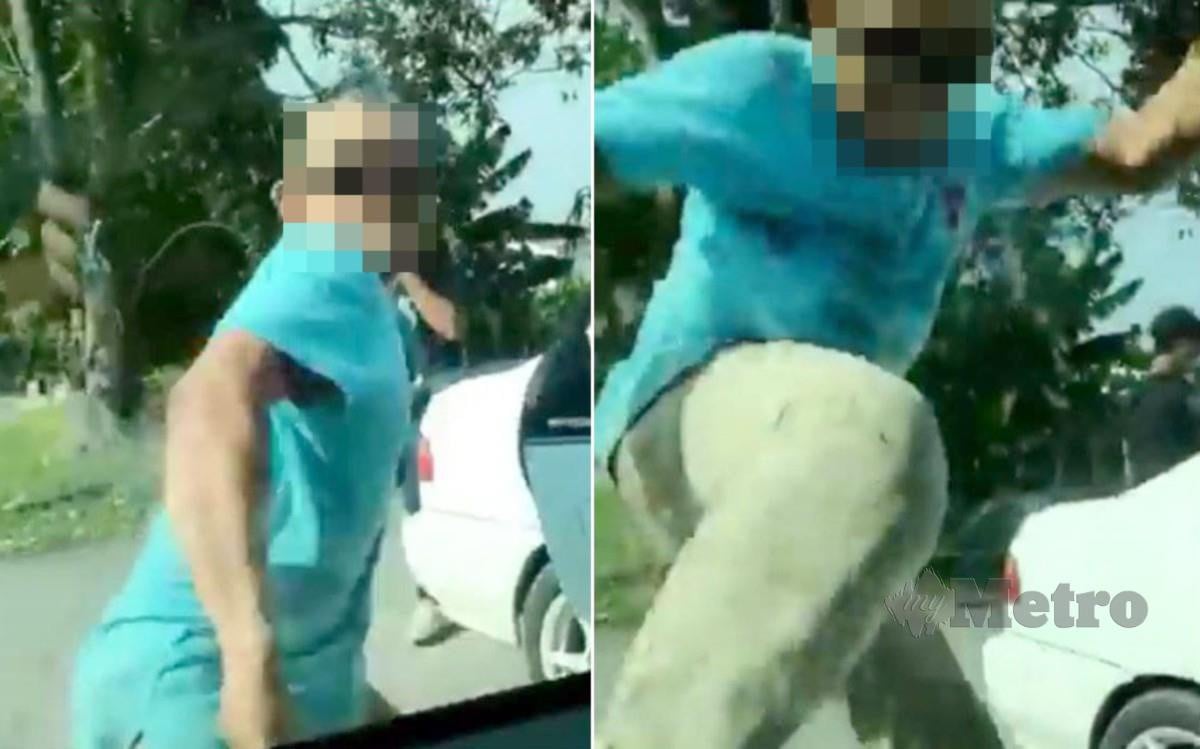 TANGKAP layar menunjukkan sekumpulan lelaki menendang dan memecahkan cermin kenderaan di tepi jalan raya di media sosial. FOTO Ihsan Pembaca