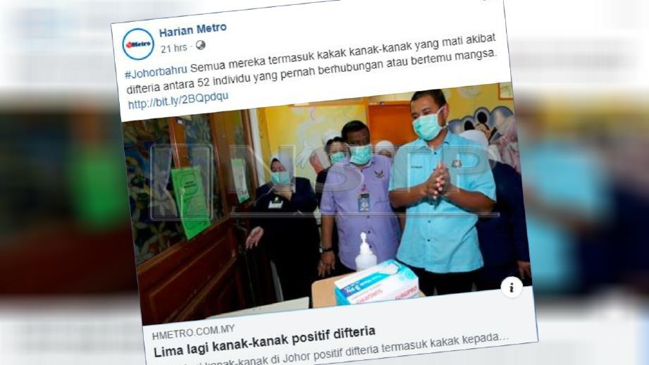 Laporan portal Harian Metro mengenai kanak-kanak positif difteria di Johor Bahru