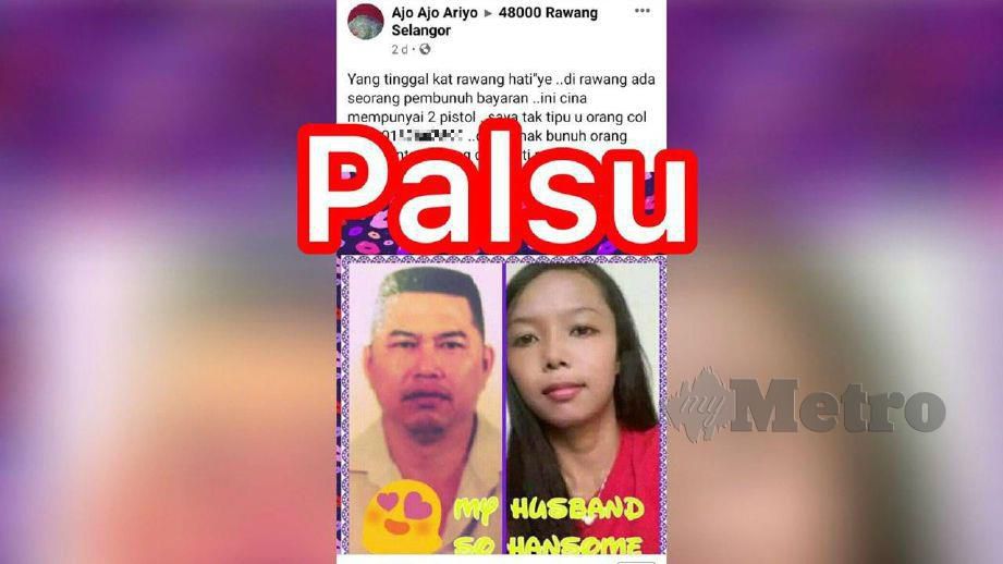 MESEJ yang tular di Facebook kononnya pembunuh upahan di Rawang yang tidak benar selepas lelaki terbabit membuat laporan polis. FOTO Facebook