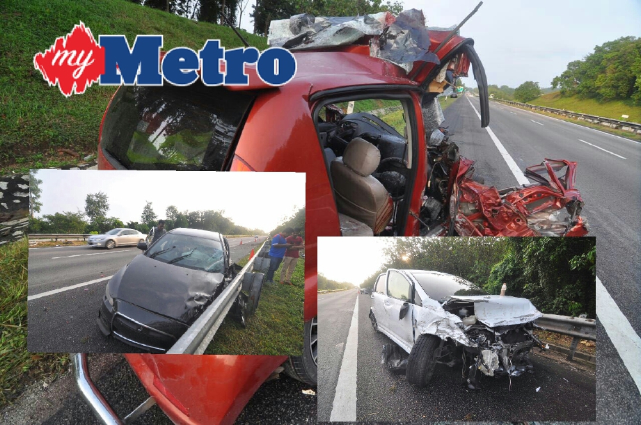 Keadaan kenderaan yang terbabit dalam kemalangan di Kilometer 192.1 Lebuhraya Utara Selatan (PLUS) arah Utara di Jasin, Melaka, pagi tadi. FOTO MUHAMMAD HATIM AB MANAN