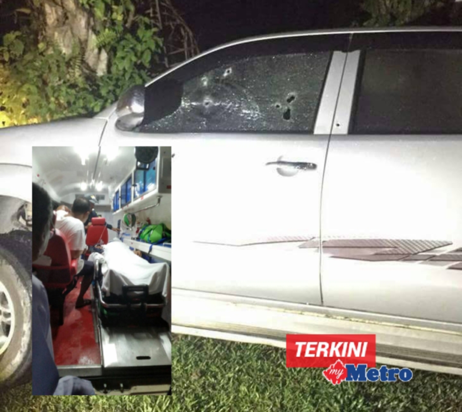 Ahli perniagaan parah selepas terkena tujuh das tembakan di Jalan Besar Kuala Medang-Sungai Koyan lewat malam tadi. FOTO IHSAN PDRM PAHANG
