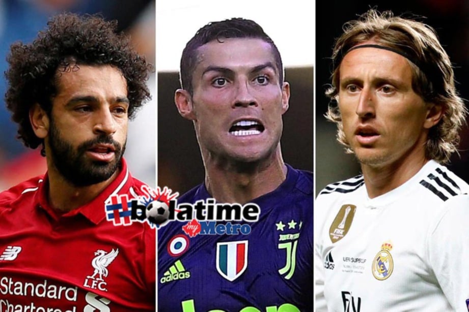 TIGA bintang bola sepak, Mohamed Salah (kiri), Ronaldo dan Luka Modric dicalonkan dalam Anugerah Pemain Terbaik FIFA. FOTO Agensi 
