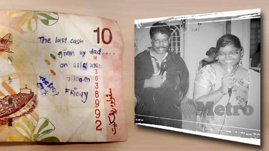 WANG kertas RM10 diberi kepada Anne oleh ayahnyasejak setahun lalu sebelum akhirnya ditemui. (Gambar kecil) Gambar kenangan Anne bersama ayahnya. FOTO ihsan Y Anne Malar