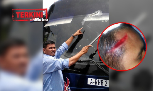 KETUA Pegawai Eksekutif Syarikat Bas Rhino Airiel, Mohd Rashidi Abd Rahim menunjukkan kesan pecah di cermin depan bas selepas dibaling dengan besi. Gambar kecil, mangsa yang cedera di bahagian kepala. FOTO Mohd Nazrulaswad