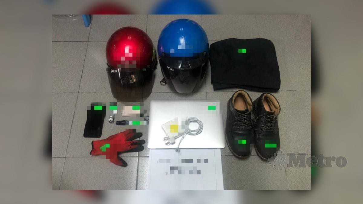 Antara barang bukti yang dirampas daripada lelaki yang disyaki pecah cermin kereta dan samun di sekitar kawasan Bukit Gasing, Petaling Jaya. Foto Ihsan PDRM