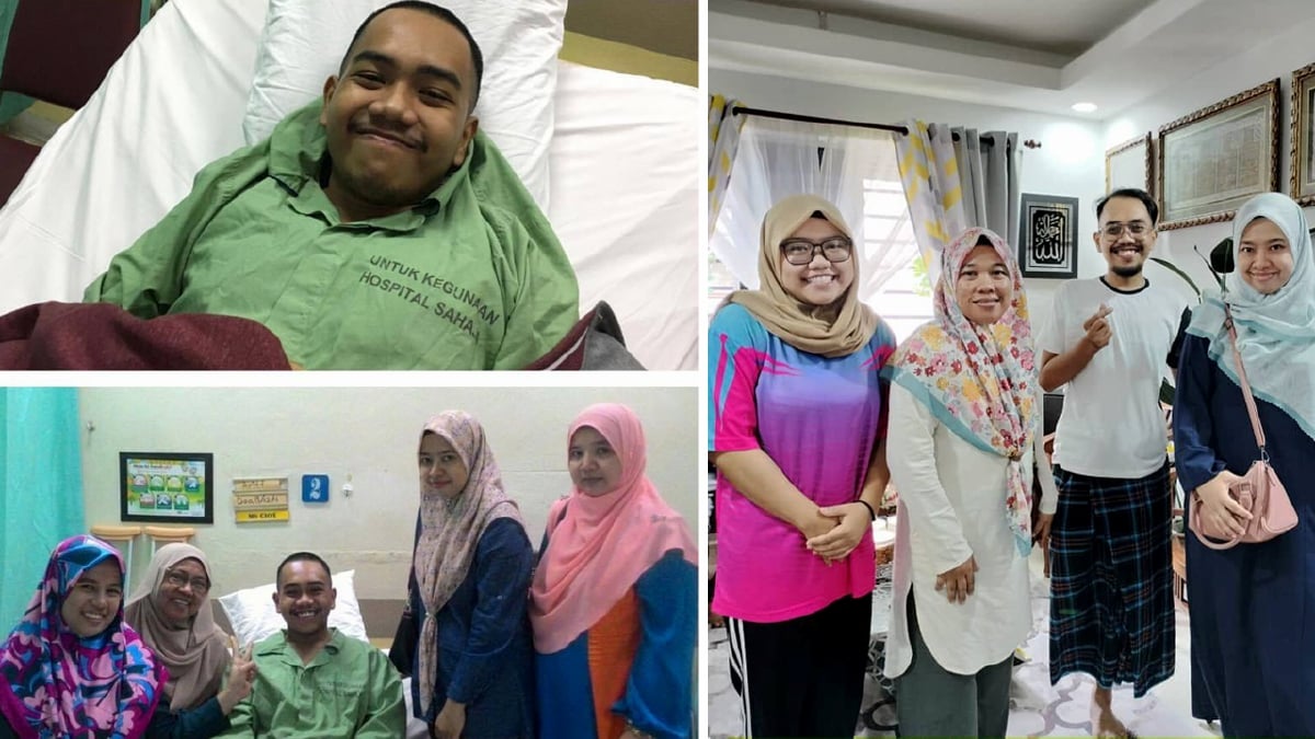(GAMBAR kiri) Cikgu Surie (dua kanan) melawat Ariff di hospital bersama rakan guru pada 2016. (Gambar kanan) Cikgu Surie (kanan) melawat Ariff baru-baru ini di rumahnya. FOTO ihsan Suriani Md Salleh
