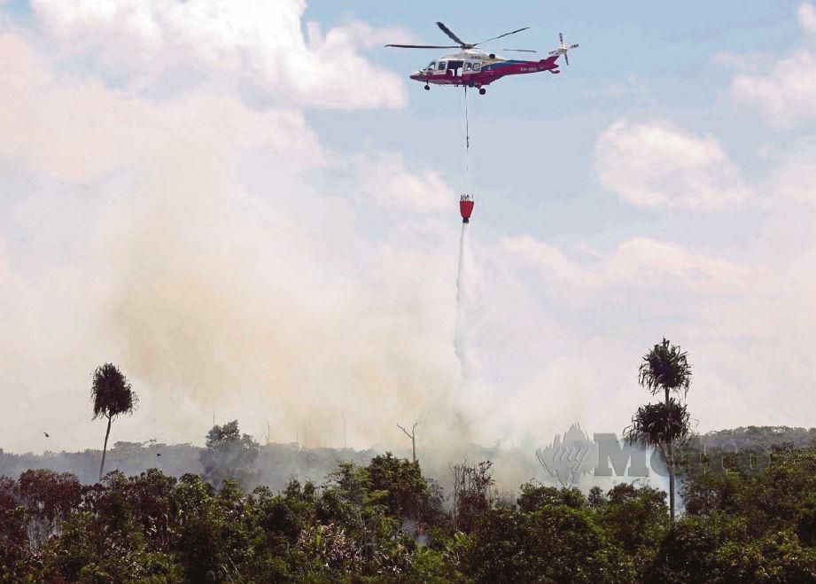 ANGGOTA bomba melakukan pengeboman air menggunakan helikopter Agusta AW189 bagi memadamkan kebakaran tanah gambut di  Hutan Simpan Kuala Langat Selatan. FOTO Muhd Asyraf Sawal