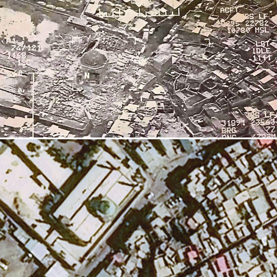GABUNGAN gambar menunjukkan Masjid al-Nuri dari udara sebelum dan selepas dimusnahkan Daish.  - AFP