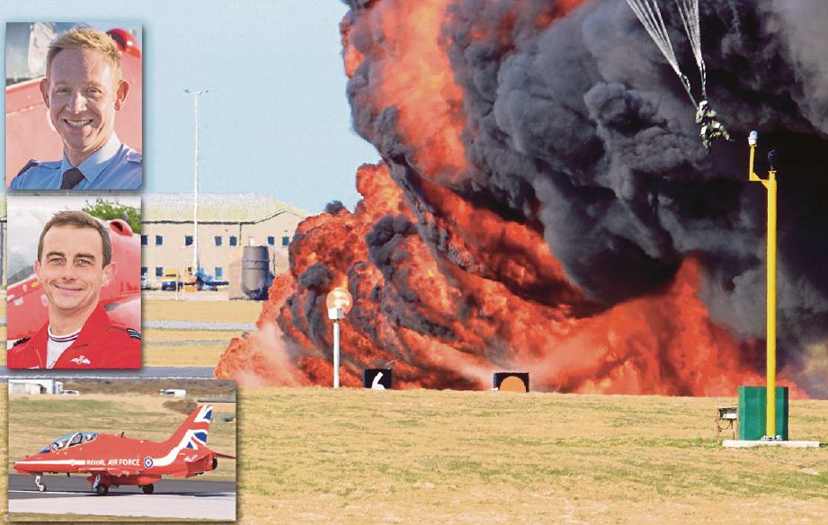DETIK pesawat Hawk T1 Red Arrow meletup dan terbakar selepas terhempas menyebabkan jurutera Jonathan Bayliss (gambar kecil atas) terbunuh, manakala juruterbang David Stark (gambar kecil tengah), terselamat. - Agensi