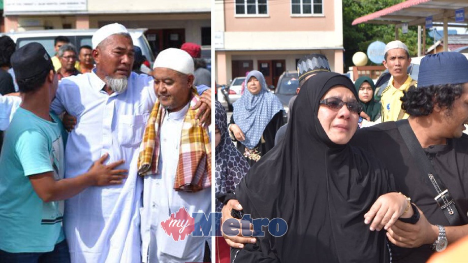 WAN Kamaruzzaman (berjubah)  ditenangkan saudara mara manakala Rosnani (kanan) dipimpin anak sulungnya,  Wan Mohd Rifaie Wan Kamaruzzaman, 33, sebaik tiba di Bilik Forensik Hospital Kemaman. FOTO Rosli Ilham