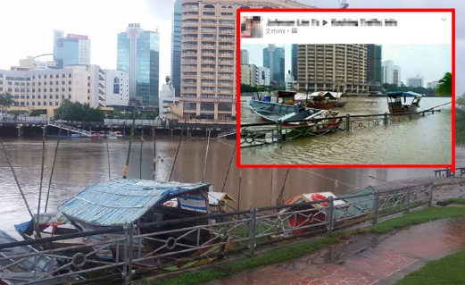 KEADAAN di tebing Sungai Sarawak di Kampung Gersik pagi tadi dan foto (gambar kecil) yang dimuat naik pengguna laman sosial mendakwa berlaku banjir besar di Kuching.