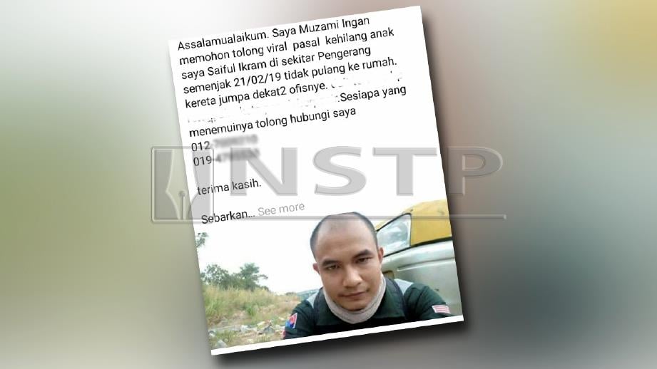 IKHTIAR Muzami Daud menjejaki anaknya yang hilang menerusi media sosial berhasil menemukan pemuda itu di Sungai Rengit, Pengerang, Kota Tinggi. FOTO Facebook Peon Johor