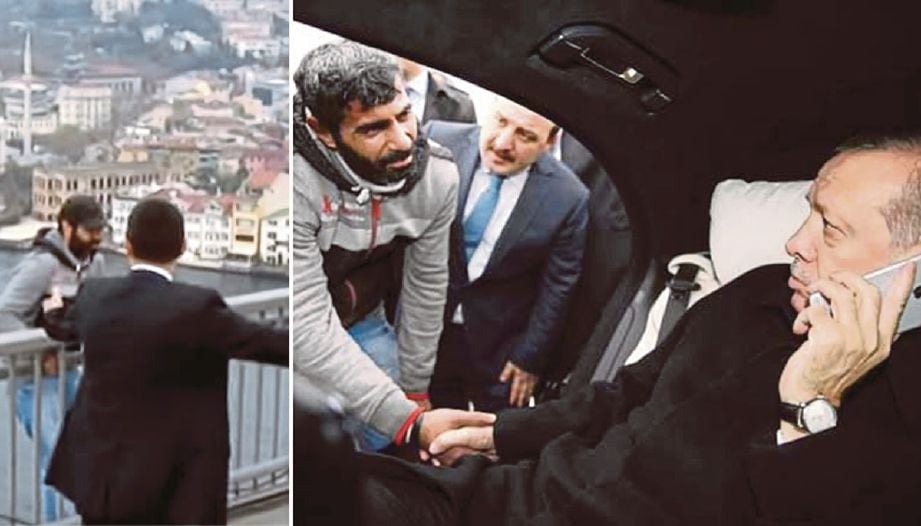 Pengawal peribadi Erdogan memujuk lelaki yang mahu membunuh diri di atas Jambatan Syahid 15 Julai di Istanbul untuk bertemu dengan Presiden Turki itu pada 2015. - Agensi