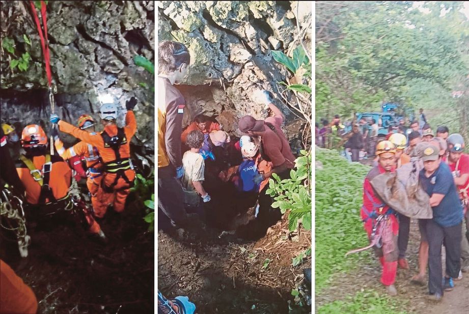 ANGGOTA penyelamat mengeluarkan mayat penuntut yang ditemui maut dalam Gua Lele, daerah Pangkalan, di Karawang, Jawa Barat. FOTO ihsan BASARNAS