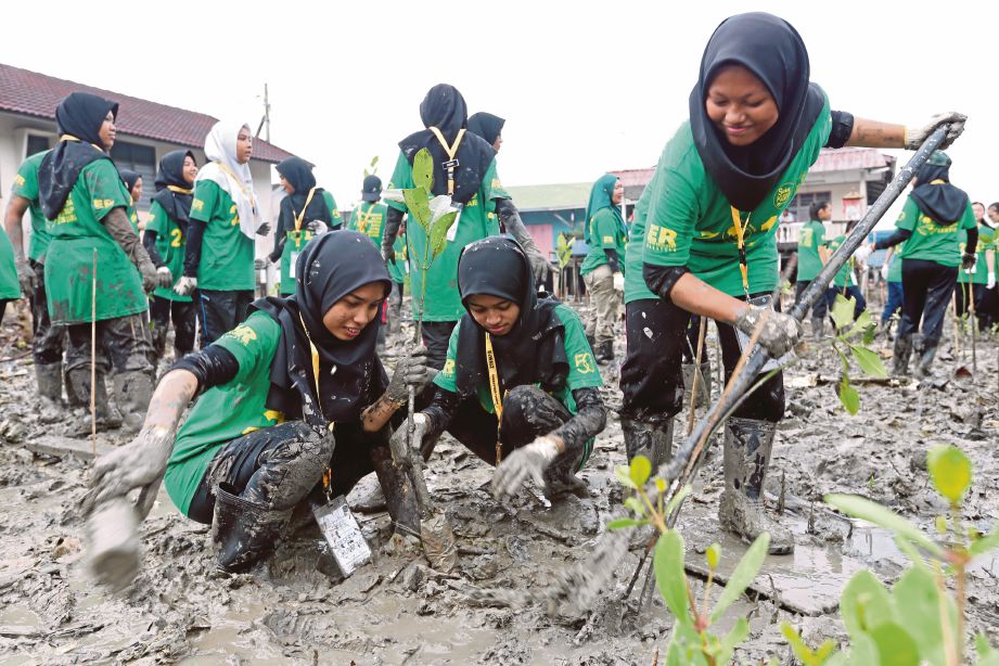 SEBAHAGIAN daripada 250 sukarelawan yang menghadiri program tanam pokok bakau sempena Hari Bumi Sedunia.