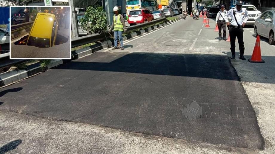 KERJA baik pulih paip bocor dan penurapan semula permukaan jalan dilakukan kontraktor SYABAS selepas kereta terjatuh ke dalam lubang akibat mendapan tanah (gambar kecil).