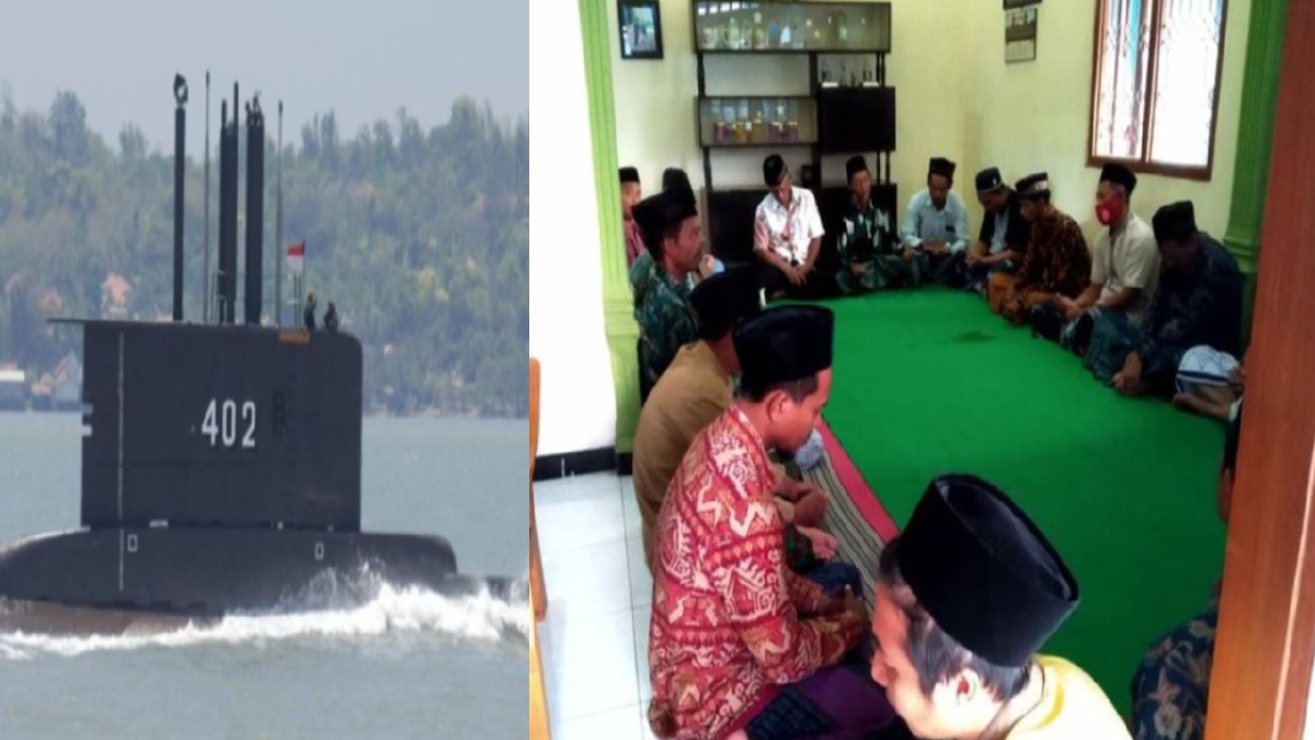 KELUARGA dan penduduk setempat berkumpul di rumah keluarga seorang kru kapal selam KRI Nanggala-402 (kanan) untuk tahlil. FOTO Kompas dan EPA.