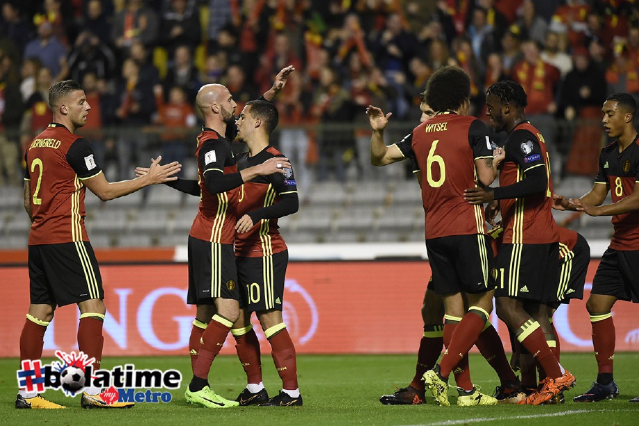 PEMAIN Belgium meraikan kemenangan ke atas Cyprus. -Foto AFP