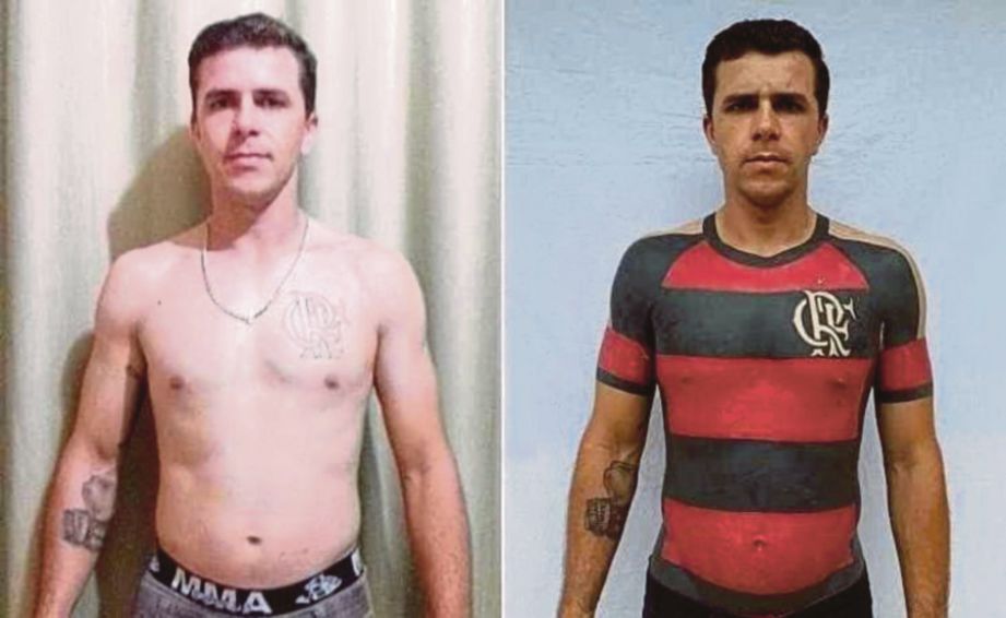GAMBAR Anjos sebelum (kiri) dan selepas badannya dicacah tatu jersi rasmi kelab bola sepak Flamengo. FOTO @mauricio.flamengo/Instagram