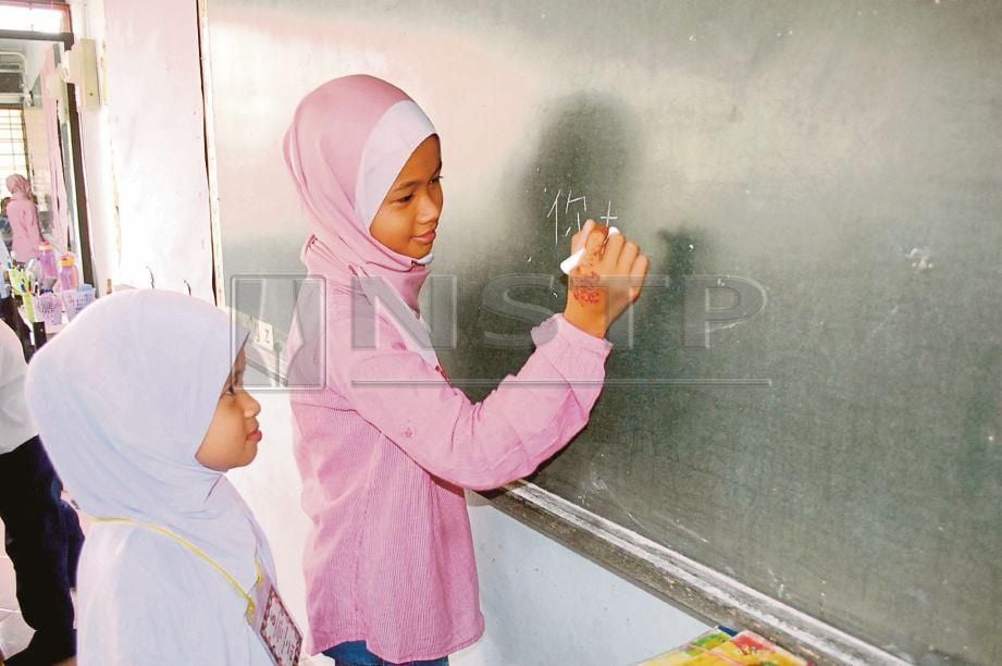 NURUL Nathirah mengajar adiknya, Nur Iman Batrishah bahasa Mandarin ketika pendaftaran murid tahun satu  SJKC Sin Min, Lubok Cina.