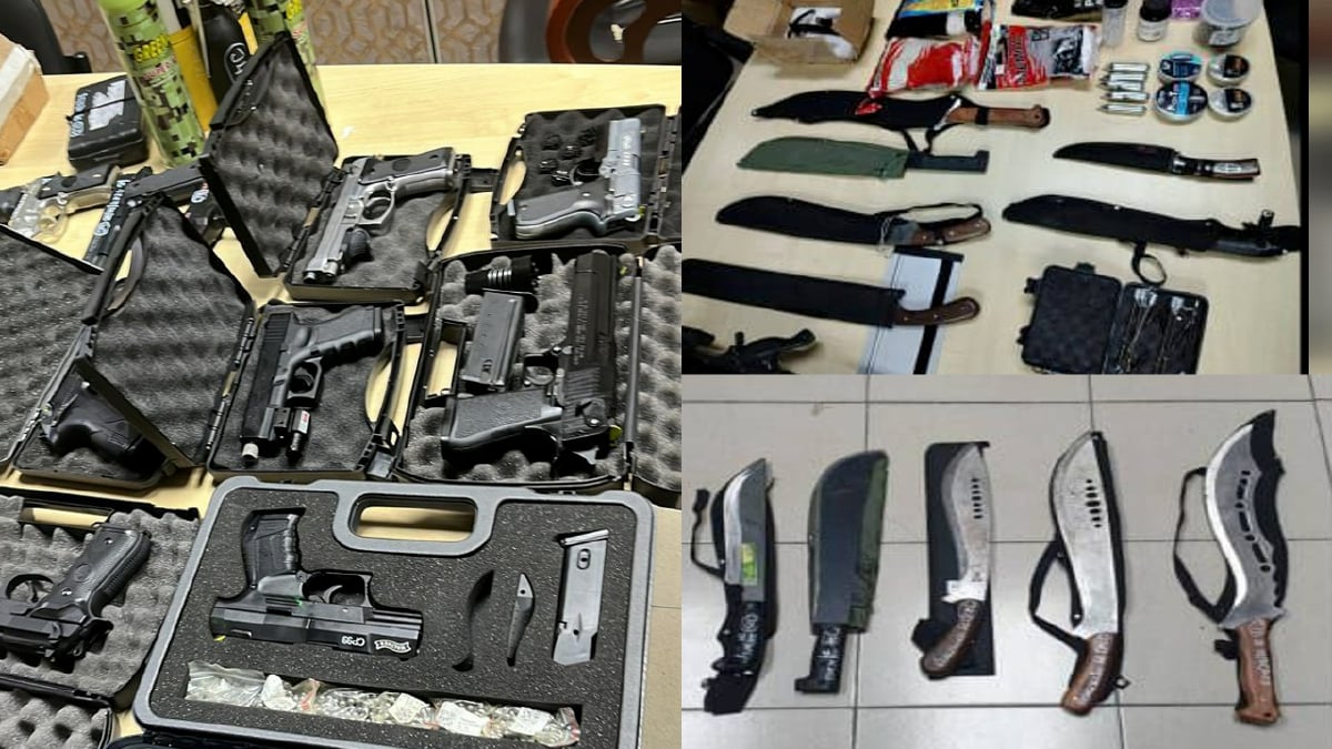 ANTARA pistol, pisau dan senjata lain yang ditemui ketika pemeriksaan ke atas rumah suspek di Kampung Cheras Baru, semalam. FOTO Ihsan Polis.