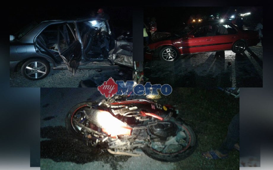 Empat parah, dua cedera  dalam kemalangan membabitkan dua kereta dan sebuah motosikal di hadapan Kolej Tuanku Ja’far, Mantin, Nilai, malam semalam. FOTO ihsan bomba