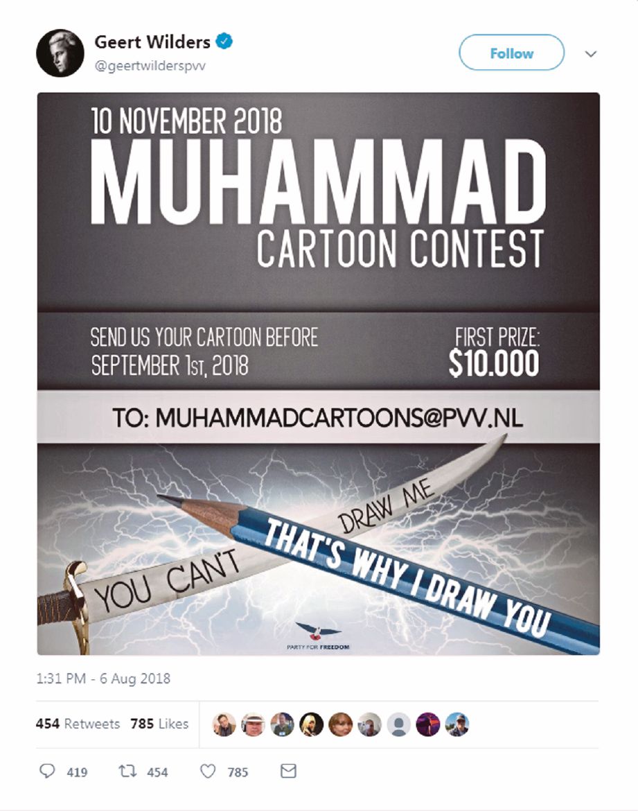 KENYATAAN ahli politik Belanda Geert Wilders di Twitter mengenai pertandingan melukis kartun Nabi Muhammad SAW. - Twitter Geert Wilders
