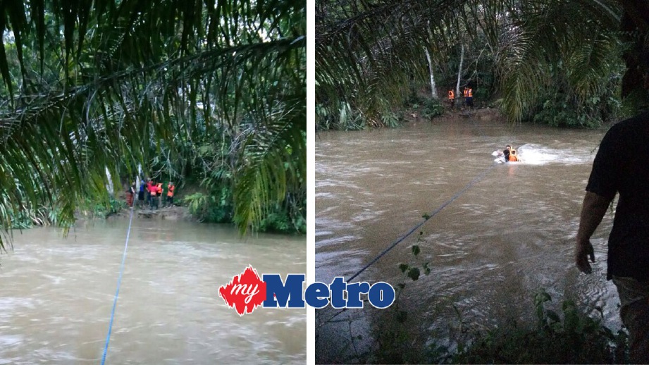 ANGGOTA bomba menggunakan tali untuk menyelamatkan semua mangsa yang terperangkap di seberang Sungai Gedong, Kampung Senta. FOTO ihsan Bomba