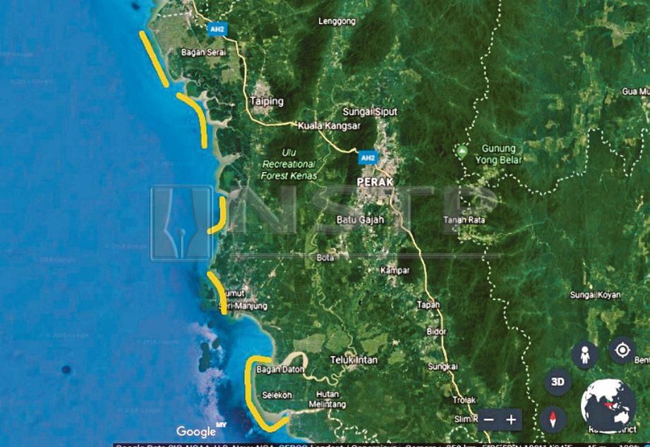  Garisan kuning menunjukkan tanda lokasi kewujudan bubu naga di sekitar perairan Perak.  